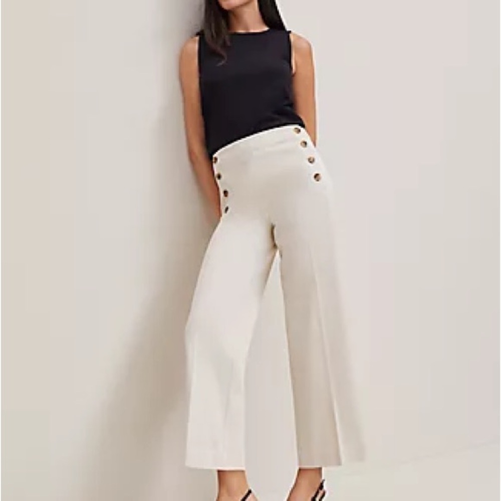 Ann Taylor Cream High-Waist Wide-Leg Button Detail Pants Petite